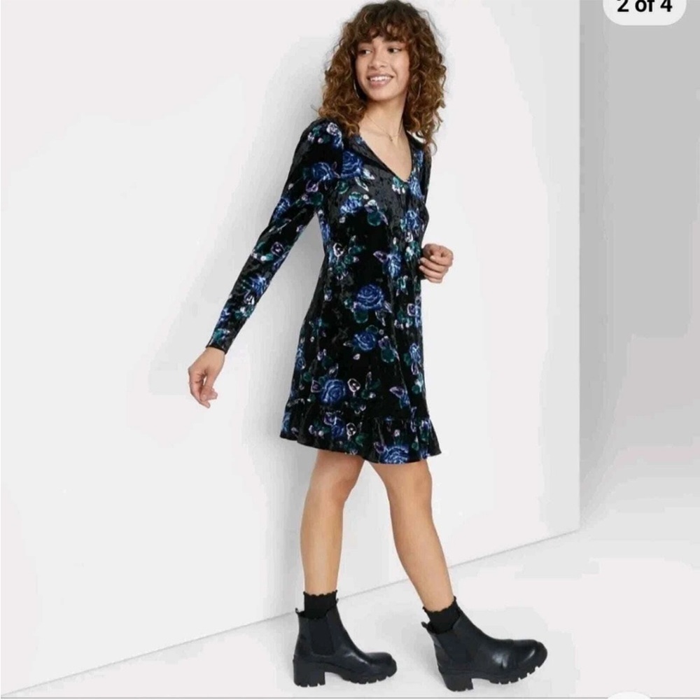 Floral Velvet Mini Dress Long Sleeve V-Neck Drop Hem Size XXL Black Blue Green